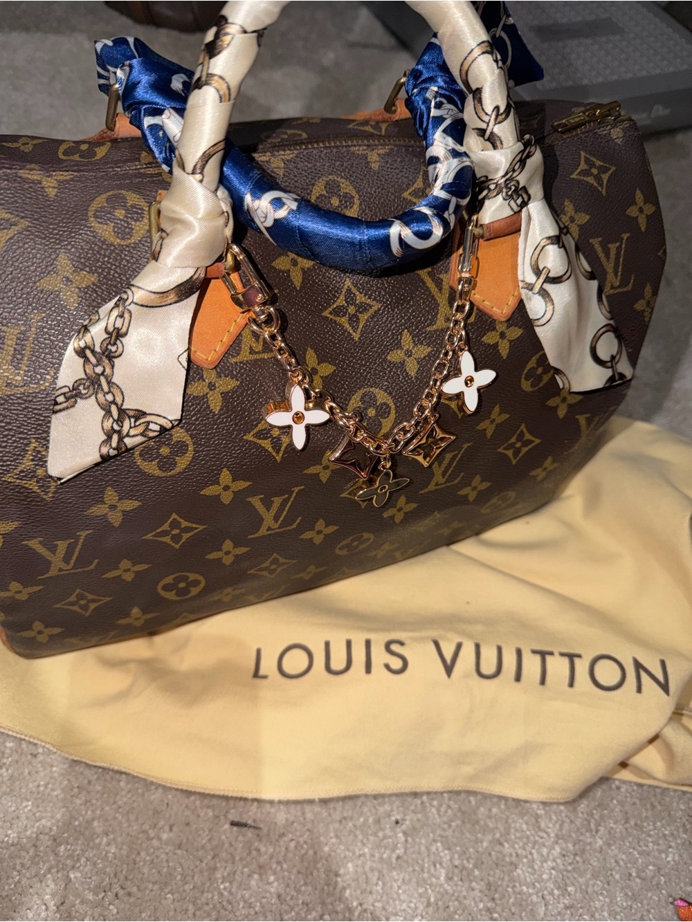 Louis Vuitton Speedy 30 with Silk-Handle Scarf and Gold Charm
